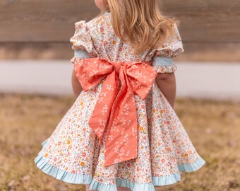 Easter Dress for Girls, Small and sweet Fancy Dress, Twirl dress, spring dress, Handmade Girls Dress, Matching Sister Dress, blue floral