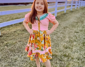 Girls Easter Dress, Knit dress, pink and yellow floral dress, twirl dress, Coordinating Sister Dress, Handmade Girls Clothes