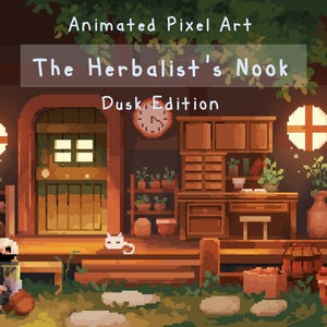 May include: Animated pixel art titled The Herbalist's Nook Dusk Edition. The scene depicts a wooden cabin interior with a bookshelf, a desk, a fireplace, a hammock, and a character sitting near a cauldron. Warm lighting fills the room.