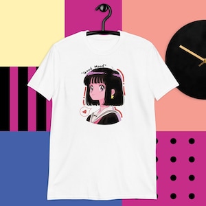 Süßes Retro Anime Mädchen T-Shirt - City Pop Ästhetisches Aquamarine T-Shirt - Y2K Kawaii Japanisches Cartoon-Shirt - Gute Laune Pastell Pink Art T-Shirt