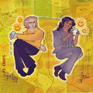 May include: Illustration of two figures, one in a yellow jacket and purple pants, the other in a gray suit, each holding a drink. Smiley face stickers and text fragments are in the background. The image includes measurements of 2.9 inches and 3.3 inches.