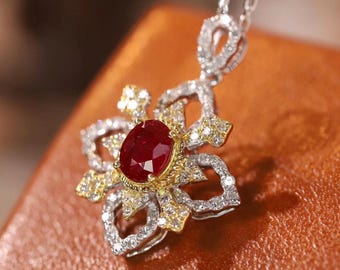 Vintage Ruby Pendant Jewellery • Radiant Crimson Elegance • 18k Solid Gold and Diamond • Wedding Heirloom Gift for Her