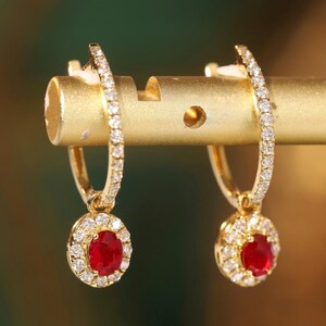 Ruby Diamond Hoop Jewellery • Radiant Crimson Brilliance • 18k Solid Gold and Real Ruby Earring • Wedding Heirloom Gift for Her