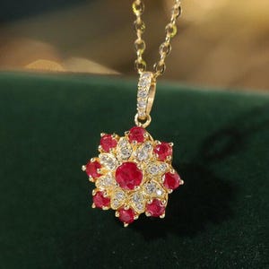 Flower Ruby Diamond Necklace Jewellery • Radiant Floral Elegance • 18k Solid Gold and Real Ruby • Anniversary Heirloom Gift for Her