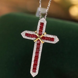 Ruby Cross Necklace Jewellery • Radiant Vintage Elegance • 18k Solid Gold and Diamond • Anniversary Heirloom Gift for Her