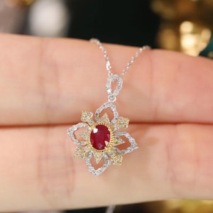 Vintage Ruby Pendant, 18K Solid Gold Real Ruby Diamond Pendant Necklace, Wedding Necklace, Gift for Her