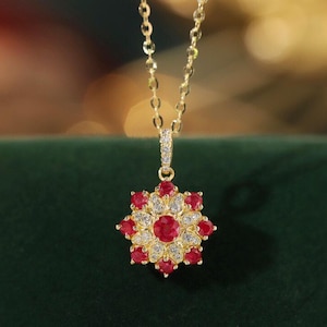 Flower Ruby Diamond Necklace, 18K Gold Real Ruby Diamond Pendant Necklace, Ruby Diamond Pendant, Gift for Her