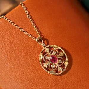 Vintage Ruby Pendant Necklace, 18K Solid Gold Real Ruby and Diamond Pendant, Ruby Necklace, Birthday Gift for Her