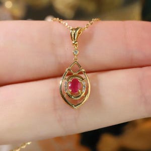 Classic Ruby Pendant Necklace, 18K Solid Gold Real Ruby and Diamond Pendant, Ruby Necklace, Gift for Wife