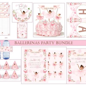 PAQUETE DE FIESTA DE CUMPLEAÑOS DE BAILARINAS Plantilla, Kit de Invitaciones, tarjetas de agradecimiento, cartel de bienvenida, etiquetas para botellas de agua, gorros de fiesta, Organizador de eventos..