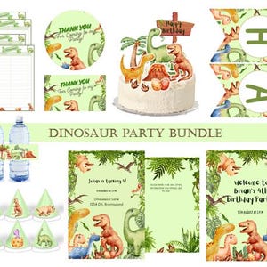 DINOSAUR Birthday PARTY BUNDLE Template, Kit Invitations Thank you cards, welcome sign, water bottle labels, party hats, Event Organizer..