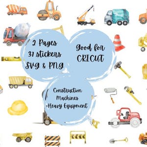2 A4 Sticker Sheets, 37 Stickers - Construction Vehicles, Planner Stickers, Scrapbook Stickers, Bulldozer Stickers, Transparent Back, CRICUT