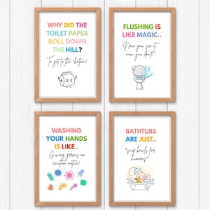 PRINTABLE Kids Bathroom Art Set, Bathroom Wall Prints, Set of 4, WHIMSICAL ART, Kids Bathroom Decor, Children&#39;s Bathroom Wall Art Funny