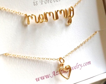 Matching Mother Daughter Necklaces. Gold Mommy Necklace and Heart Necklace Set.