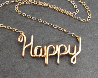 Gold Happy Necklace. 14k Gold Filled Script Wire Happy Necklace. Happy Necklace. Boho Chic Yoga Inspired Gold Handmade Necklace.