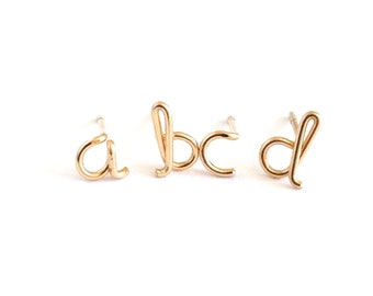 14k Gold Initial Earrings. Small Dainty Cute lowercase script earrings. Gold Letter Wire Studs. Aziza Jewelry