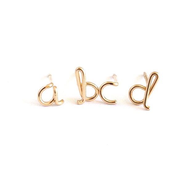 14k Gold Initial Earrings. Small Dainty Cute lowercase script earrings. Gold Letter Wire Studs. Aziza Jewelry