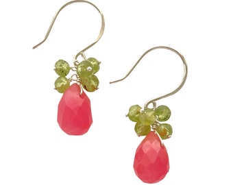 Pink Jade Earrings with Peridot. Sterling Silver Fuchsia and Green Dangle Earrings. Valentines Day Earrings. Aziza Jewelry