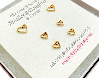 Mother and 2 Daughters Heart Studs Set. Mom Twin Daughter 14k Gold Filled Posts. 3 Pairs of Earrings. Mom Gift