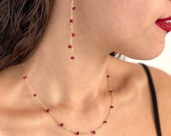 Red Ruby Chain Earrings. 14k Gold Filled Faceted Long Dangle Birthstone Gemstones.