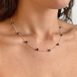 Black Pearl Chain Necklace. Black Peacock Pearl Necklace in Sterling Silver or 14k Gold