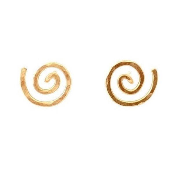 Gold Spiral Stud Earrings. Swirl Stud Post Earrings. 14k Gold Round Flat Hammered Stud Earrings. Yellow Gold Studs. Aziza Jewelry