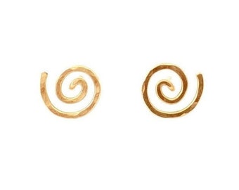 Gold Spiral Stud Earrings. Swirl Stud Post Earrings. 14k Gold Round Flat Hammered Stud Earrings. Yellow Gold Studs. Aziza Jewelry