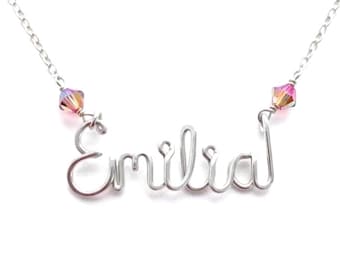 Custom Sterling Silver Girl Child Name Necklace: Swarovski Crystal Accent