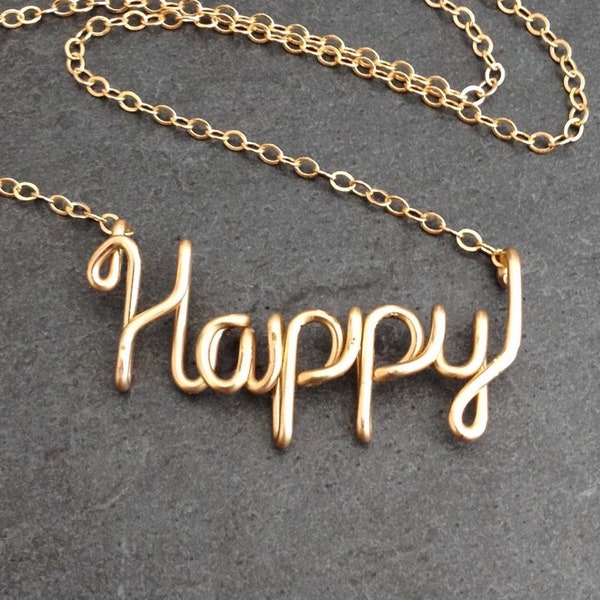 Gold Happy Necklace. 14k Gold Filled Script Wire Happy Necklace. Happy Necklace. Boho Chic Yoga Inspired Gold Handmade Necklace.