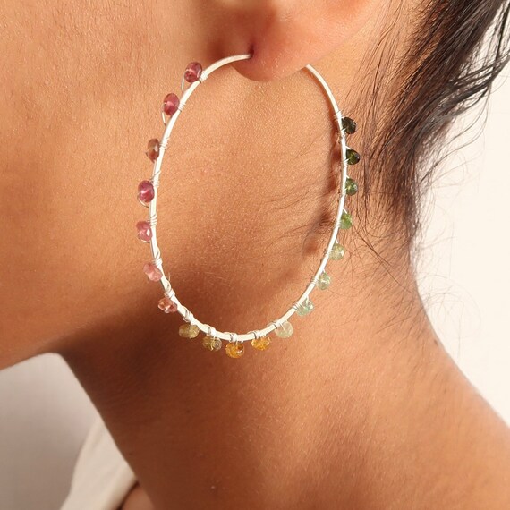 Multi colored gemstone on sale hoop earrings