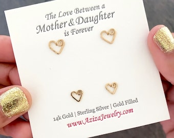 Mother Daughter Gold Heart Studs Set. 2 Pairs 14k Gold Heart Earrings Gift Set. Mommy and Me. Push Present. Mom to Be