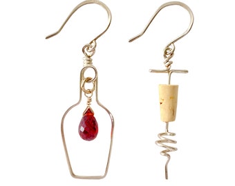 Wine Jewelry. Red Wine Earrings. Sterling Silver Garnet Wine Bottle and Cork Screw Earrings. Wine Gift. Wine Jewelry.