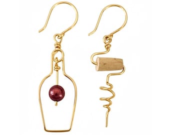 Gold Wine Earrings: Corkscrew & Bottle, Red Pearl Grape, Wine Lover Gift