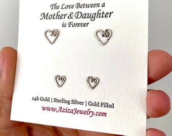 Mother Daughter Heart Earrings. 2 Pairs 14k White Gold Heart Studs Set in Medium and Small Earrings. Nickel -Free Push Present. Mom Gift