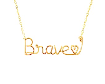 Gold Brave Heart Necklace. Love Necklace. 14k Gold Custom Name Wire Necklace. Valentine’s Day Gift.