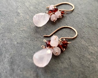 Rose Quartz Earrings. Genuine Rose Quartz and Red Garnet Earrings. Blush Pink Quartz Gemstone Dangle Earrings. 14k Rose Gold Filled