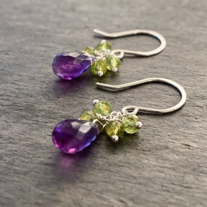 Amethyst and Peridot Earrings. Genuine Purple Green Gemstone Earrings. Sterling Silver. image 1