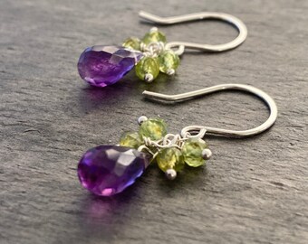 Amethyst and Peridot Earrings. Genuine Purple Green Gemstone Earrings. Sterling Silver.