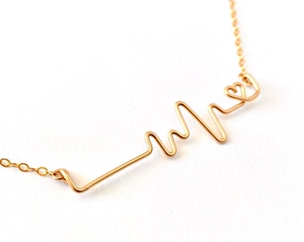 EKG Heart Necklace. Gold Heart Wire Necklace. Nurse Gift. Doctor Gift. Aziza Jewelry