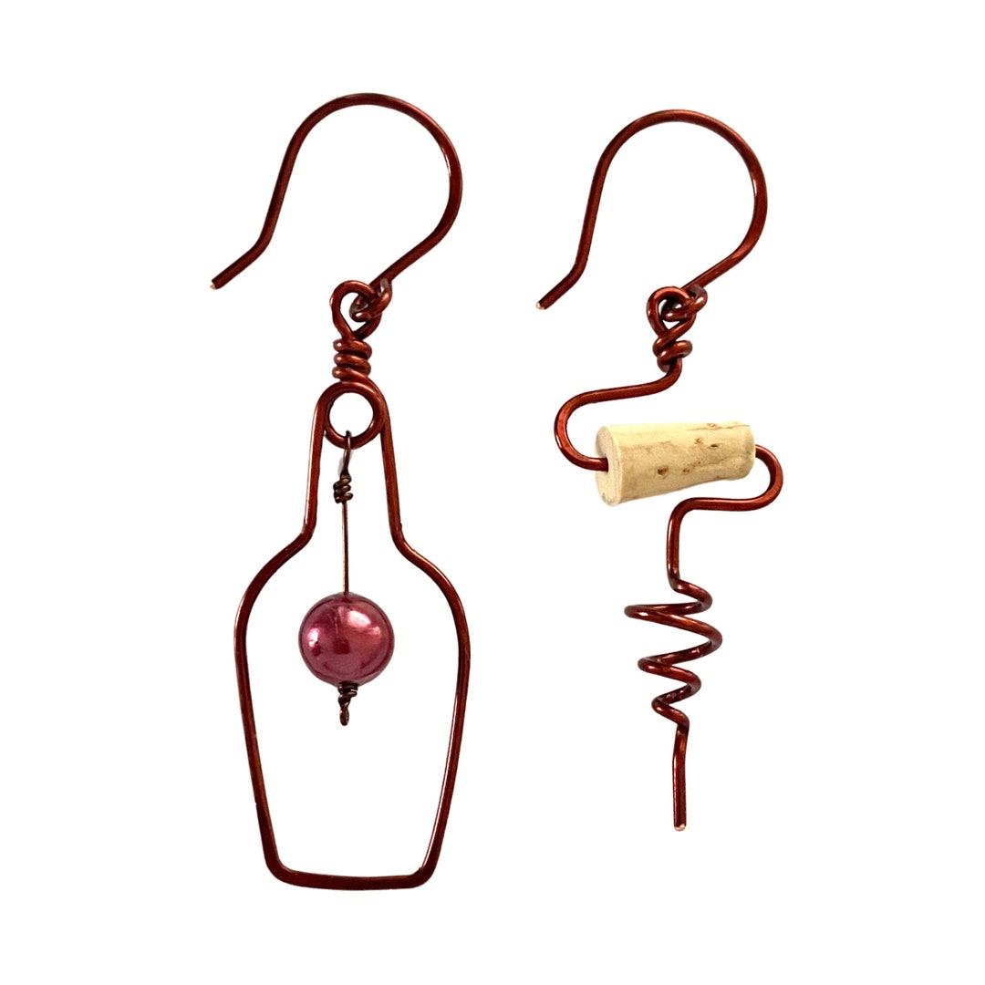 Wine Bottle and Cork Screw Earrings With Grape. Wine Lovers Earrings. Wine Gift. Red Wine