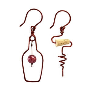 Wine Bottle and Cork Screw Earrings with Grape. Wine Lovers Earrings. Wine Gift. Red Wine Earrings. Cork Jewelry. June Birthstone Earrings image 1