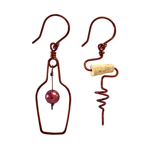 Wine Bottle and Cork Screw Earrings with Grape. Wine Lovers Earrings. Wine Gift. Red Wine Earrings. Cork Jewelry. June Birthstone Earrings