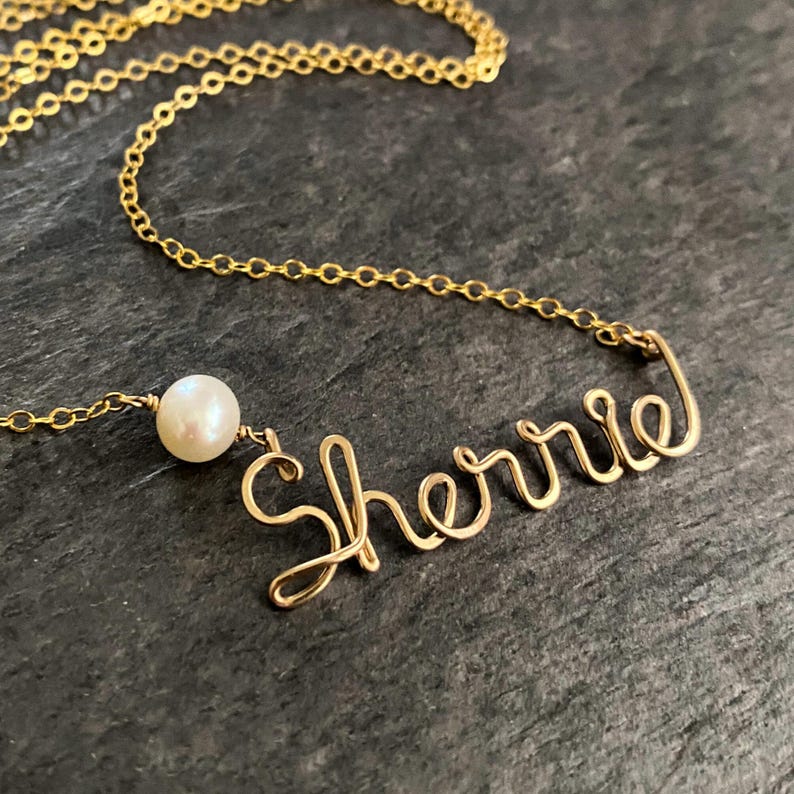 Gold Name Necklace: Custom 14k Gold Filled Wire with Freshwater Pearl image 9