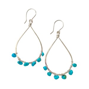 Turquoise Hoop Earrings. Sterling Silver Tear drop Hammered Hoops with Genuine Blue Turquoise by Aziza Jewelry