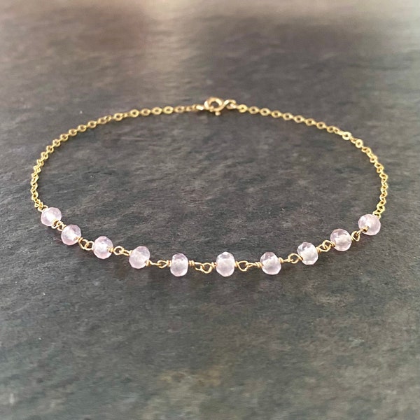 Rose Quartz Anklet. 14k Gold and Genuine Rose Quartz Ankle Bracelet. Pink Gemstones Anklet. Yellow Gold Filled Ankle Bracelet.