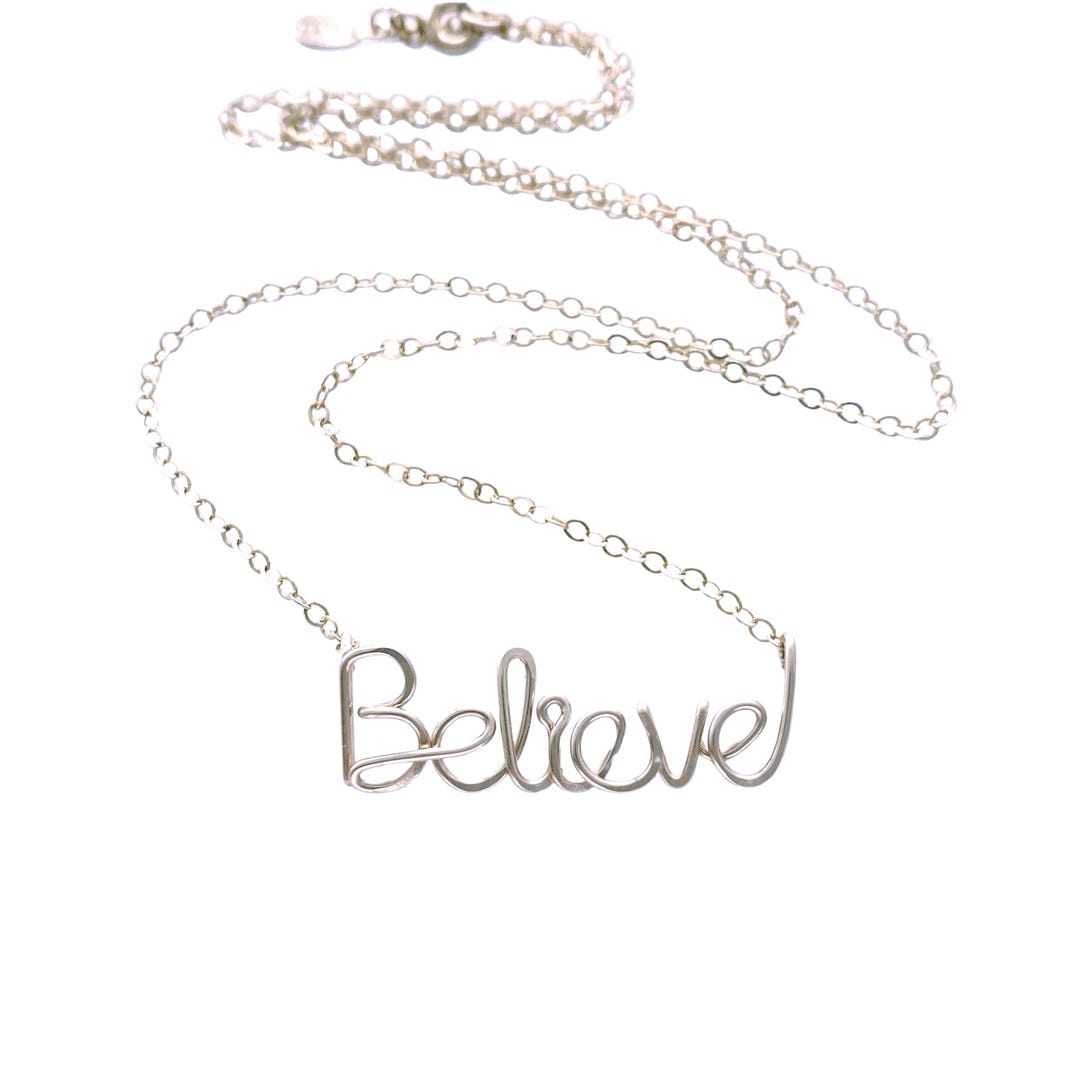 Sterling Silver Believe Necklace: Script Wire Word Pendant - Etsy