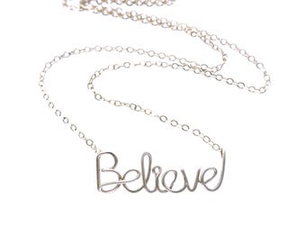 Sterling Silver Believe Necklace: Script Wire Word Pendant