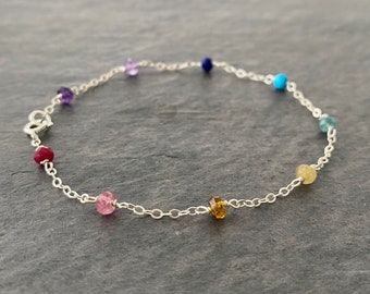 Rainbow Gemstone Chain Bracelet. Delicate faceted genuine gemstone sterling silver bracelet