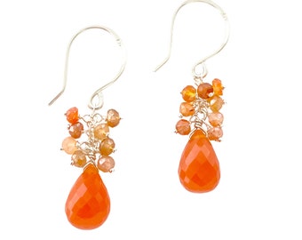 Carnelian Gemstone Earrings. Genuine Gemstone Cluster Drop Earrings. Fall 14k Gold Earrings. Orange Boho Earrings.