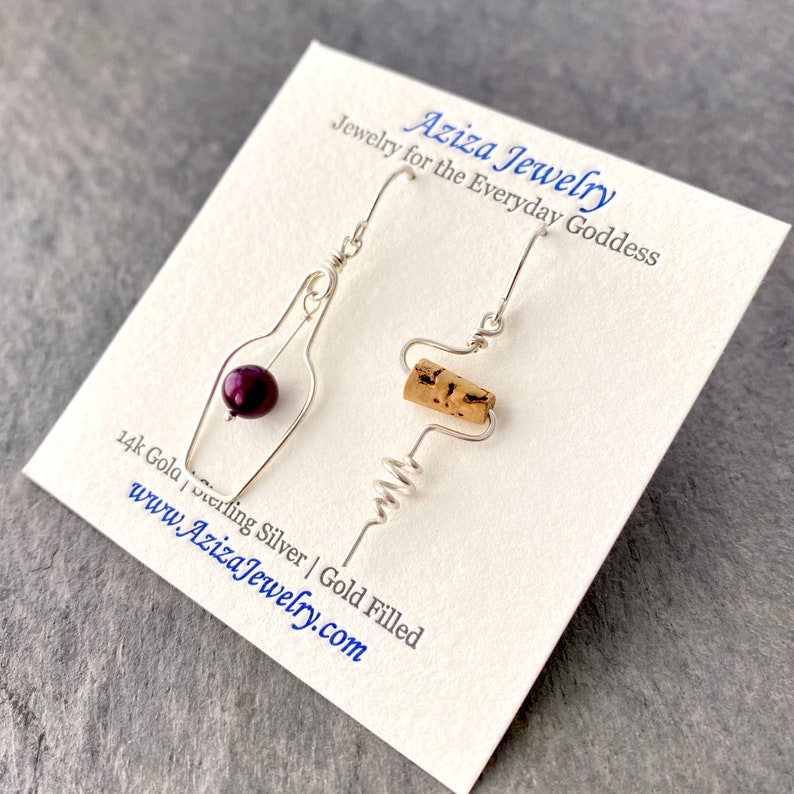 Wine Earrings. Sterling Silver Red Wine Lovers Earrings with Grape Real Cork. Wine Bottle. Wine Themed Jewelry image 4